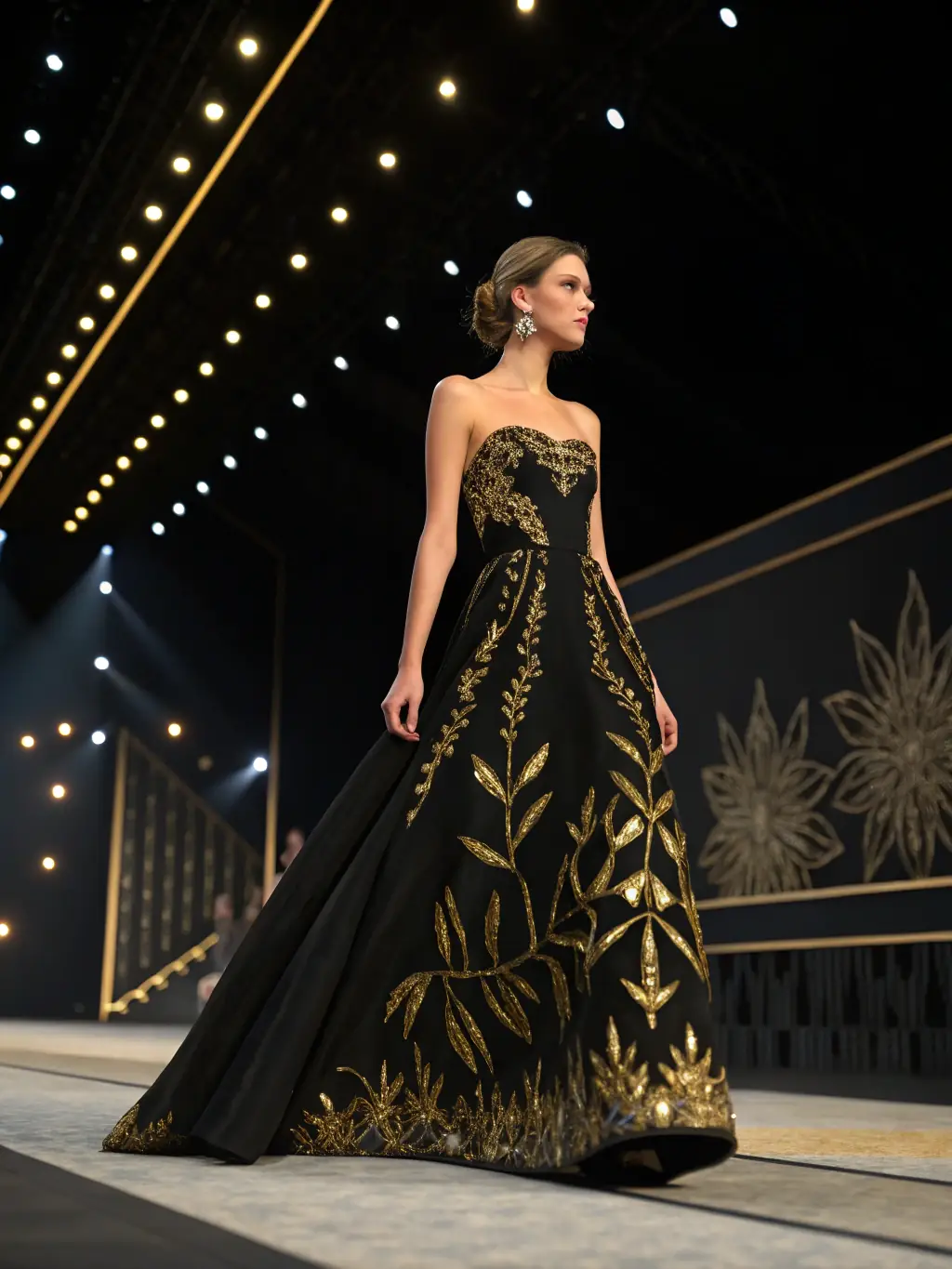 A model walking the runway during a fashion show, dressed in stylish attire, used to represent event appearances.