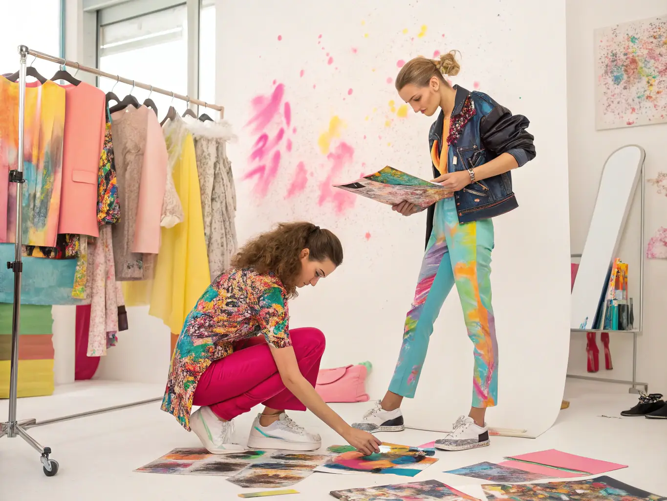 A model participating in a personalized modeling campaign shoot, with a creative team setting up the scene and adjusting lighting.