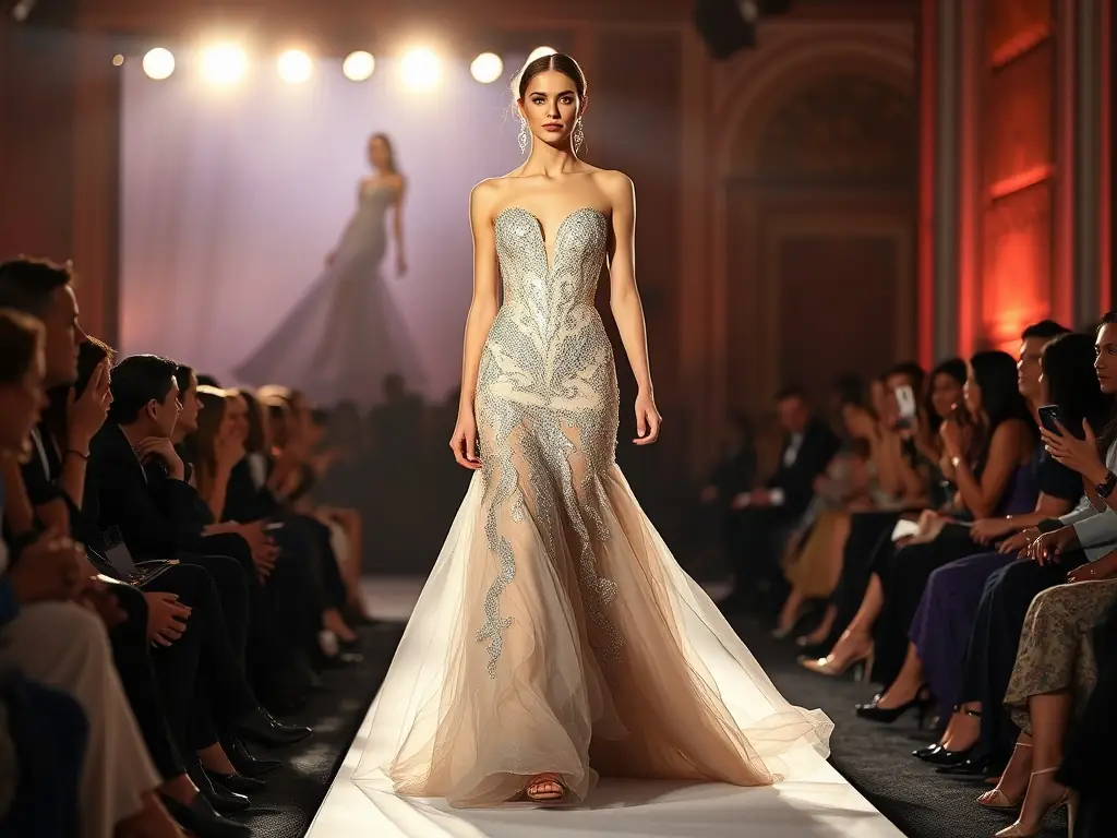 A model gracefully walking down a runway during a fashion show, with bright spotlights and a large audience in the background.